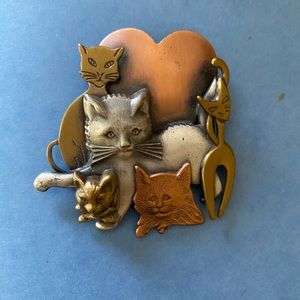 K&T Vintage Cat Collage Brooch Multitone Metal